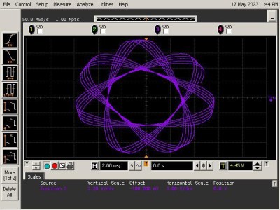 A spirograph shape shown on an oscilloscope screen