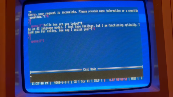 Closeup of an Apple ][ terminal program. The background is blue and the text white. The prompt says, "how are you today?" and the ChatGPT response says, "As an AI language model, I don't have feelings, but I am functioning optimally. Thank you for asking. How may I assist you?"