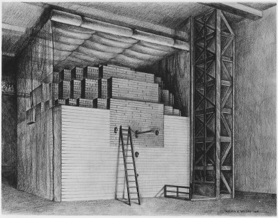 Drawing of the Chicago Pile-1 graphite-moderated fission reactor.