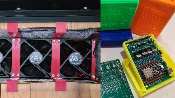 Ventbot fans with 3D printed brackets and control circuit board with ESP32 breakout and multicolored 3D printed cases