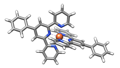 Structure of a part of the supramolecular complex used to measure the x-ray absorption spectrum of a single iron atom. The iron atom (red) is held within several ring-shaped structures. (Credit: Ajayi et al., 2023)