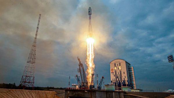 A Soyuz-2.1b rocket booster with a Fregat upper stage and the Luna 25 lunar lander blasts off from a launchpad at the Vostochny Cosmodrome in Amur Oblast, Russia.