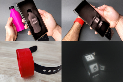 Four images in as many panes. Top left is a fuchsia bottle with a QR code that only shows up on the smartphone screen held above it. Top right image is A person holding a smartphone over a red wristband. The phone displays a QR code on its screen that it sees but is invisible in the visible wavelengths. Bottom left is a closeup of the red wristband in visible light and the bottom right image is the wristband in IR showing the three QR codes embedded in the object.