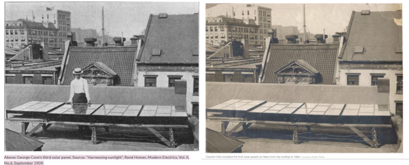 Two nearly-identical black and white images of a solar installation on top of a roof in NYC. The left image purports to be from 1909 while the other says it is from 1884. Both show the same ornate building architecture in the background and angle of the panels.