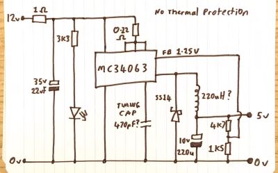 Big Clive's reverse-engineered schematic of the USB charger containing the MC34063 IC.