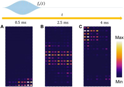 Time response of the topological surface wave transport.(A to C). The magnitude of total displacement field at 0.5 ms, 2.5 ms, and 4 ms, respectively. A 50-cycle tone burst signal centered at 41.88 kHz is simulated on the bottom supercell. (Wang et al., 2023)