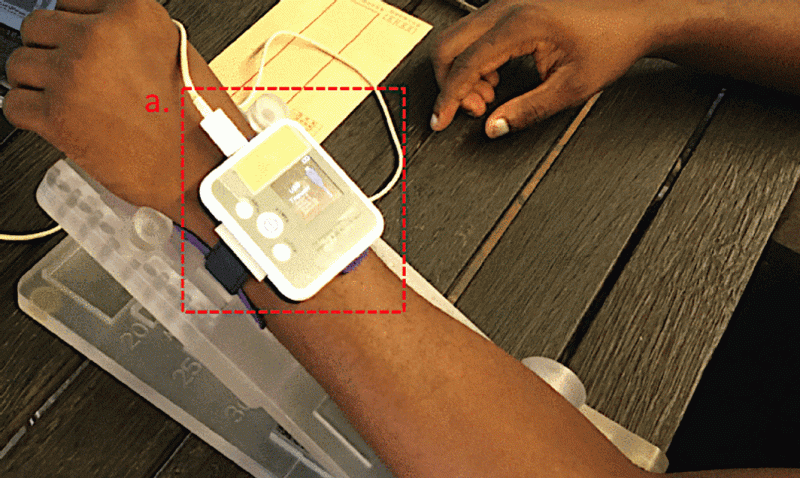 Showing pulse oximeter and color sensor combining to measure oxygen in blood and skin tone