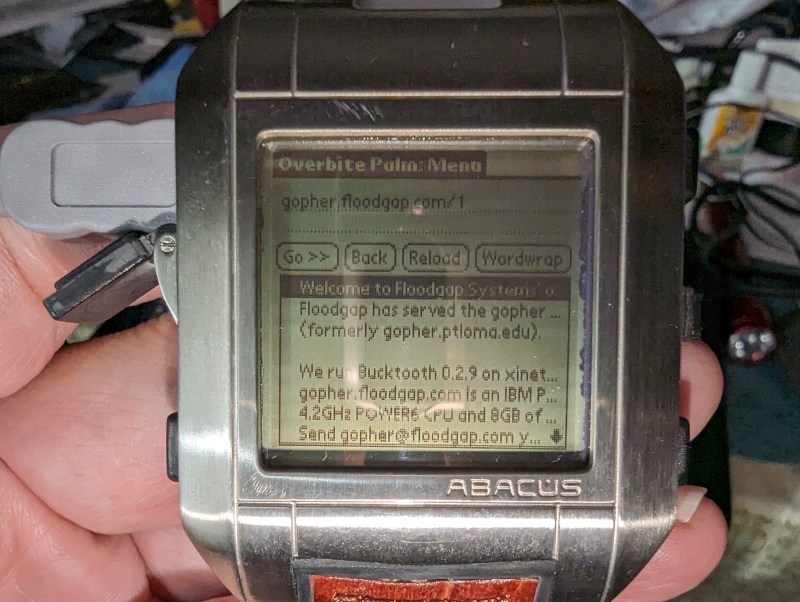 A Fossil Wrist PDA running the Overbite Gopher browser