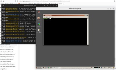 Part of a Linux desktop with the SerenityOS build instructions in the background, a terminal having built the OS, and the OS itself in a QEMU window.