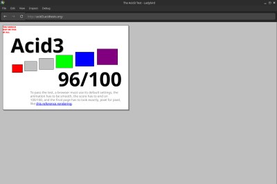 The Ladybird browser showing the ACID3 compatibility test with a score of 96/100