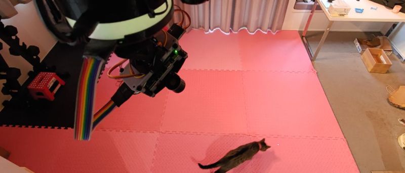 An automatic laser turret playing with a cat.
