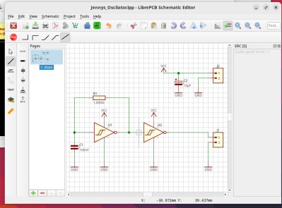 The LibrePCB schematic editor, with a simple two Schmitt trigger oscillator.