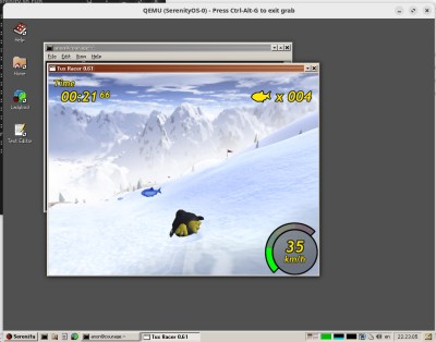 The SerenityOS desktop with the Tux Racer game in a window