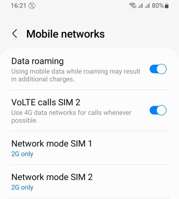 The Android mobile network settings screen on a 2-SIM phone, with both set to 2G only.
