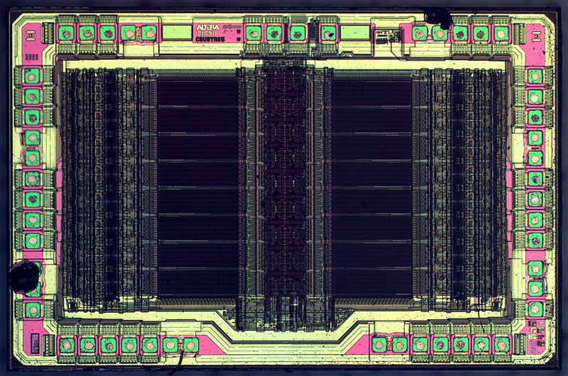Die of an Altera EPM7032 EEPROM-based Complex Programmable Logic Device (CPLD). (Credit: ZeptoBars, Wikipedia)