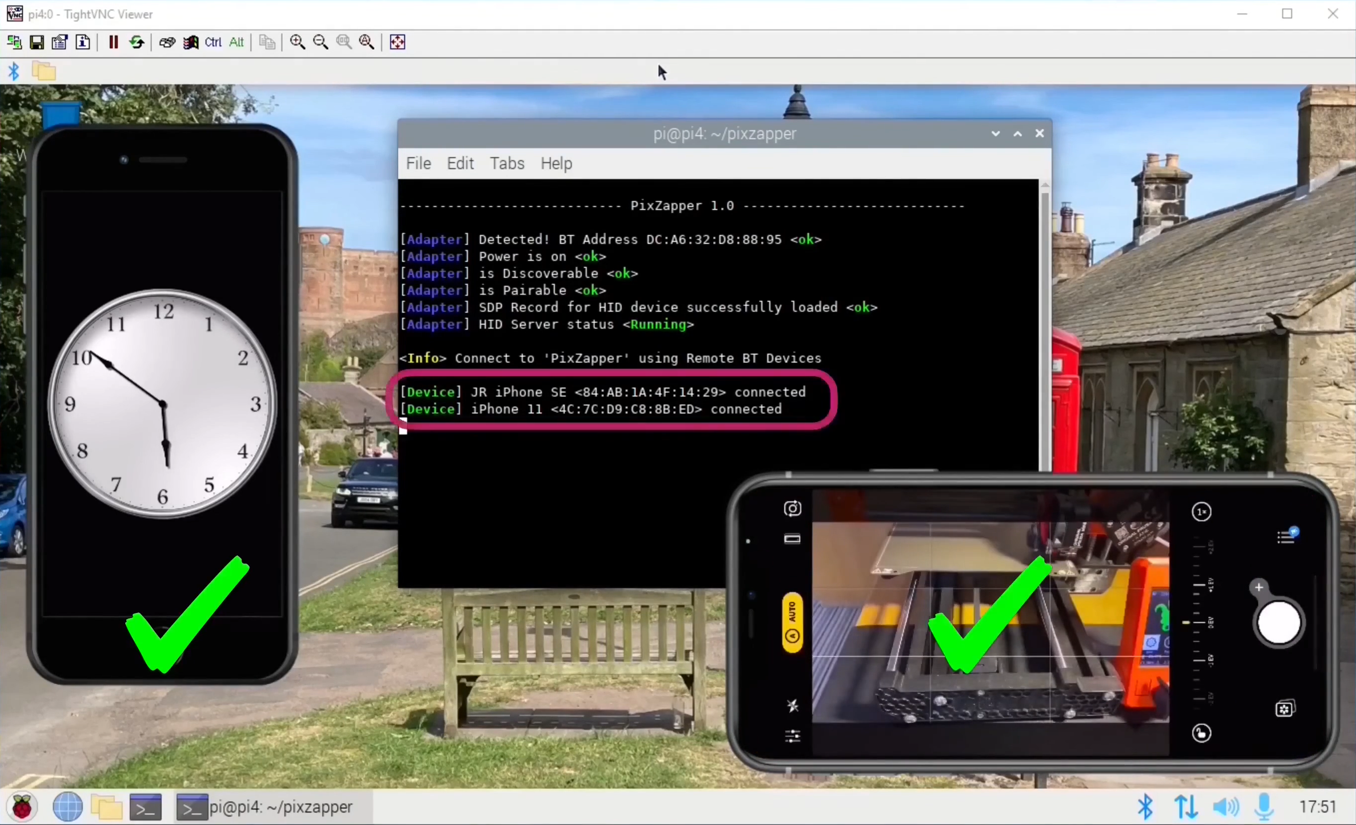 Screenshot of a Raspi desktop with 2 mirrored iPhones' screens and a terminal showing commands paring with the phones over bluetooth