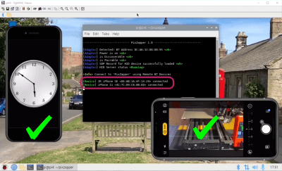 Screenshot of a Raspi desktop with 2 mirrored iPhones' screens and a terminal showing commands paring with the phones over bluetooth