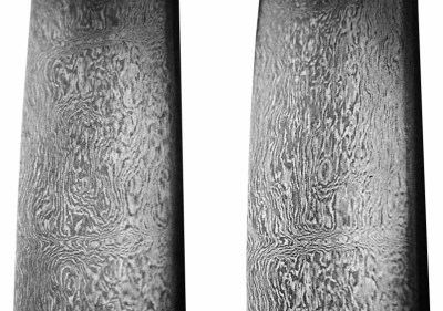 Two views of a sword blade showing irregular grey and silver patterns.