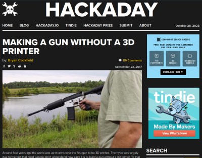 A hackaday screenshot showing a story about an American firearm build published in 2017