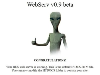 The WebServ home page, featuring a stylised alien.