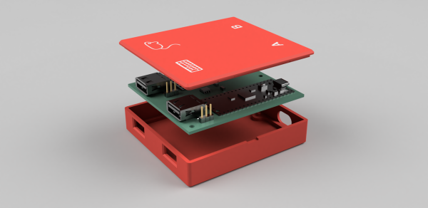 An exploded view render of a red 3D printed case with a green PCB is inside with visible USB-A connectors with a mouse and keyboard graphic above each and "A" and "B" labels above USB-C connectors on the other side.