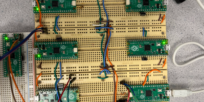 Several Raspberry Pi Picos connected to each other