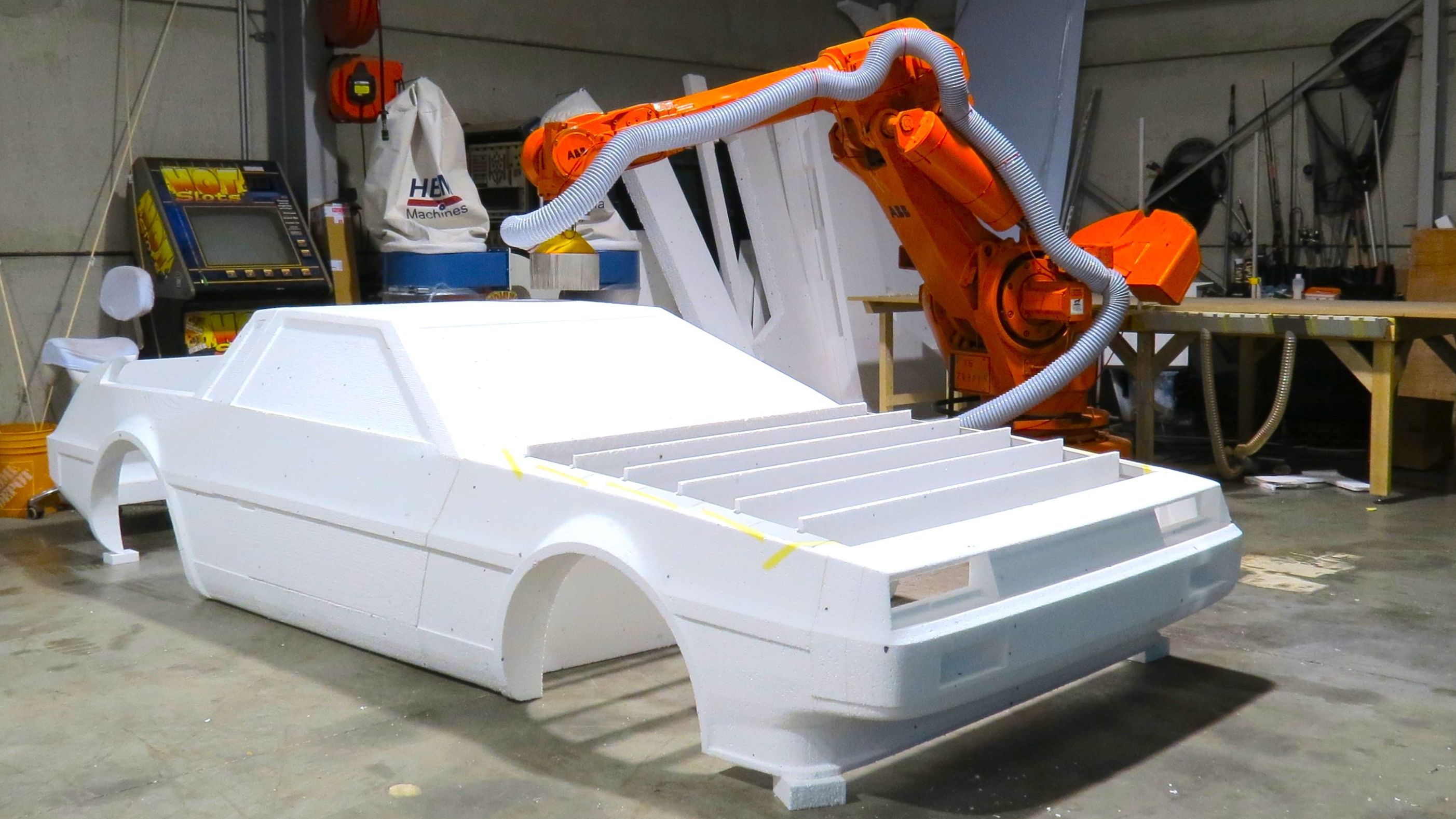 Mega-CNC router carves polystyrene foam into a life-size flying Delorean