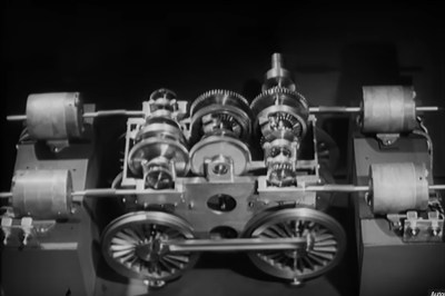 A model of a gearbox, in black and white.