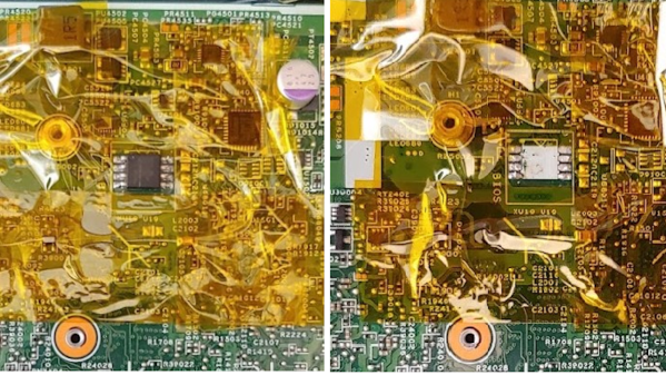 Two pictures of the mobo side by side, both with kapton tape covering everything other than the flash chip. On the left, the flash chip is populated, whereas on the right it's not