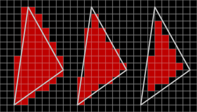 Three white triangle outlines on a black background, each rasterized to a slightly different set of red pixels