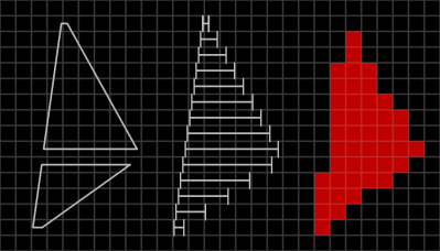 From left to right, the same triangle made from two trapezoids, a series of horizontal lines and red pixels.