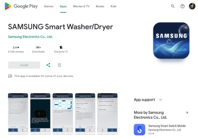 The Google Play page for a Samsung washing machine app