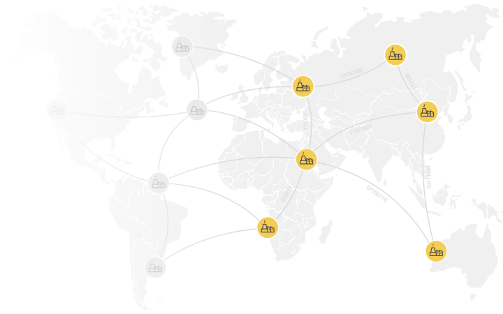 A map of the world with continents in light grey and countries outlined in dark grey. A nuber of yellow and grey circles with cartoon factories on them are connected with curved lines reminiscent of airplane flight paths. The lines have seemingly-arbitrary binary ones and zeros next to them. All of the grey factories are in the Americas, likely since IoP is currently focused on Africa and Europe.