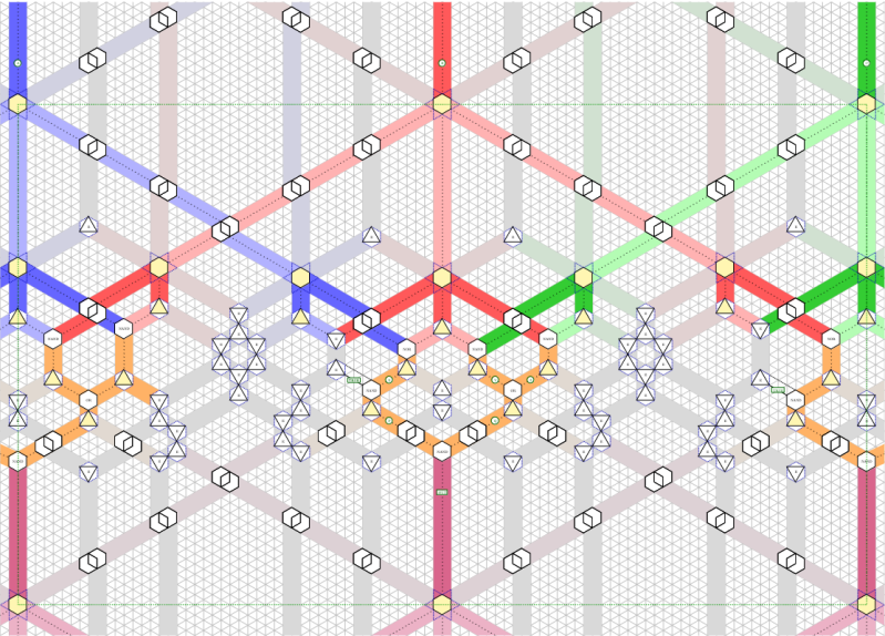 A large array of triangles and colored lines showing the folding pattern of the origami computer