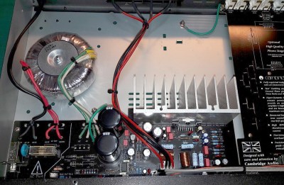 The insides of a Cambridge Audio amplifier