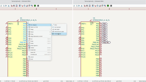 An image showing the new KiCad feature that allows you to easily generate schematic labels from IC symbol pin names