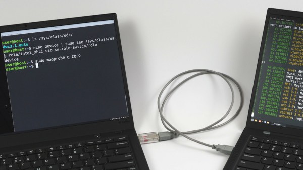 The Thinkpad in question, with a Linux shell open on its screen, showing that the device mode has been successfully enabled
