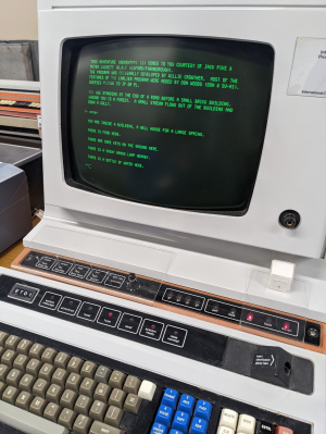 A VT01 terminal showing "the adventure" game running