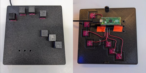 Left: a DIY chording keyboard with seven keys Right: the guts of said keyboard