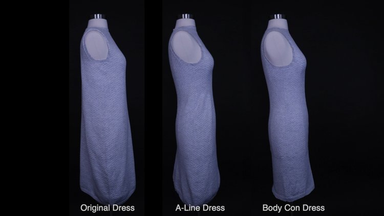 A dress is shown in three shapes: the original, a slightly-heated A-line version, and a close-fitting body con version.