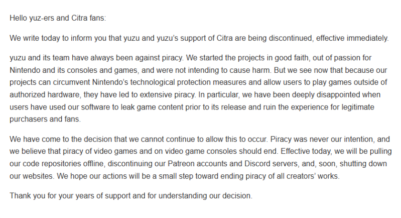 Mensagem final dos fundadores da Tropic Haze LLC após o encerramento dos projetos Yuzu e Citra.