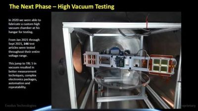 This slide from Dr. Buhler’s APEC presentation shows the custom-made vacuum chamber built to test their propellantless Propulsion drive in a simulated space environment. Image Credit: Exodus Propulsion Technologies, Buhler, et al.