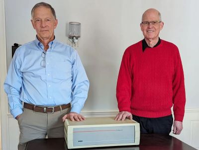 Alan Kirby (left) and Mark Kempf with the LANBridge 100, serial number 0001. (Credit: Alan Kirby)