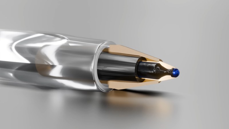 A render of a BiC Cristal ballpoint pen showing the innards.