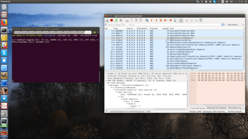 Wireshark screenshot with QCSuper-produced packets streaming into it; QCSuper script running in an adjacent terminal