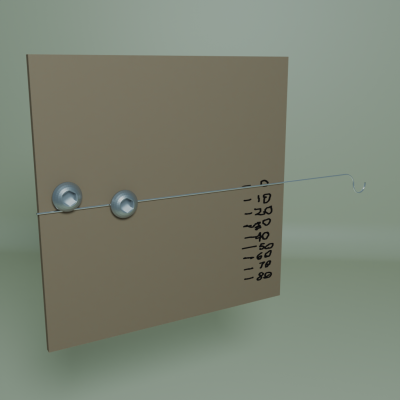 square of MDF with two button head cap screws holding a thin steel wire. Hand drawn scale on MDF. The wire has a hook to hang items on, and deflects