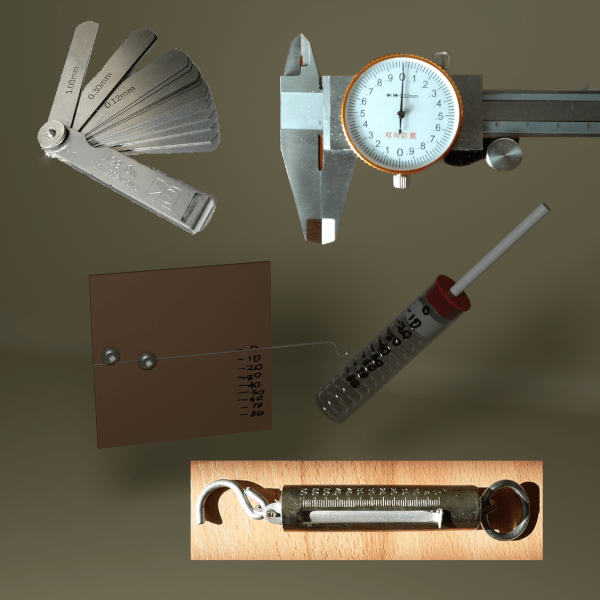 leaf gauge, dial caliper, letter scale, push stick, and spring scale