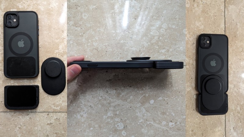 A couple of metal plates and a mag-safe pop socket connect a Bluetooth keyboard to a Google Pixel 7.