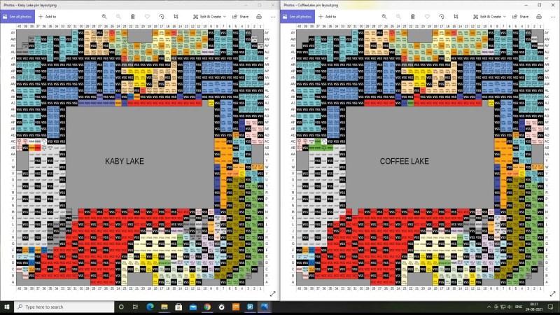 Screenshot of the Kaby Lake CPU pinout next to the Coffee Lake CPU pinout, showing just how few differences there are