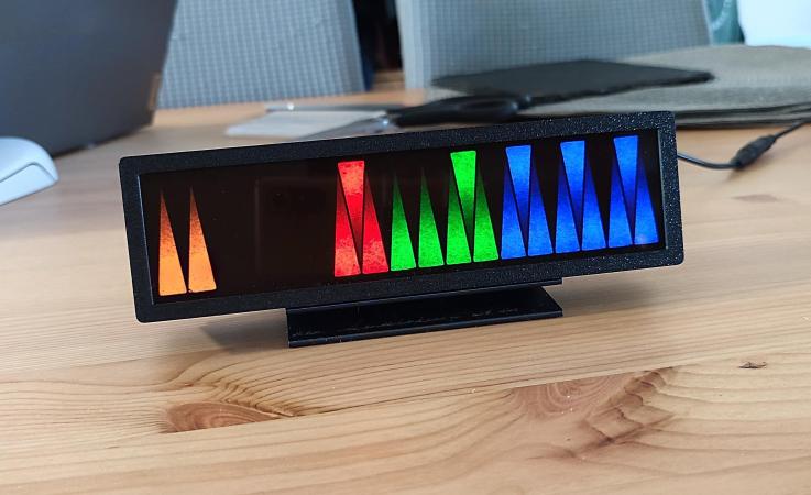 Linear LED clock displaying the time using different-colored triangles.